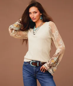 Tops | Sterling & Stitch Embroidered Lace Top Cobblestone