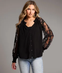 BKE Embroidered Mesh Blouse Black Discount