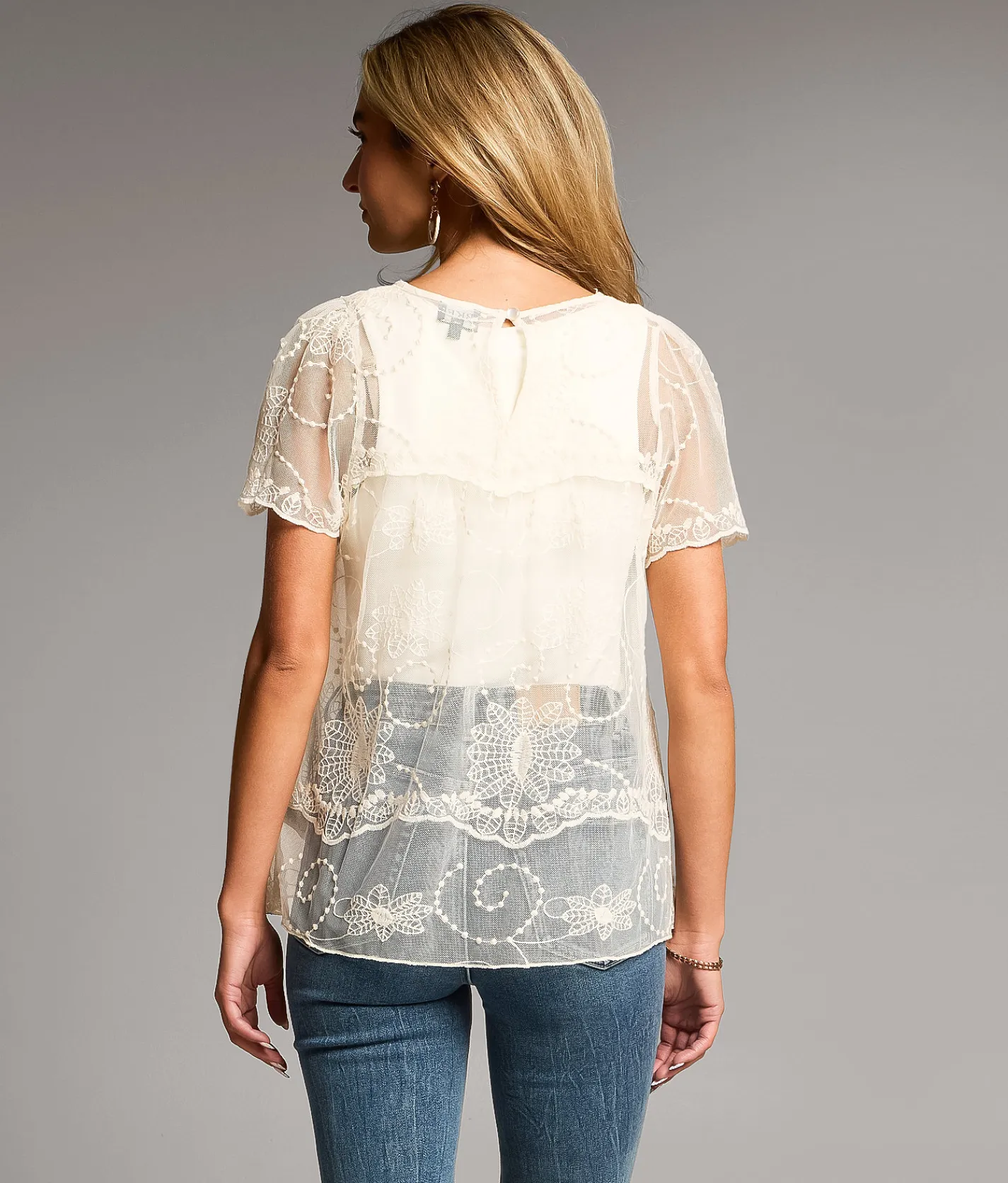 Tops | BKE Embroidered Mesh Top Cream