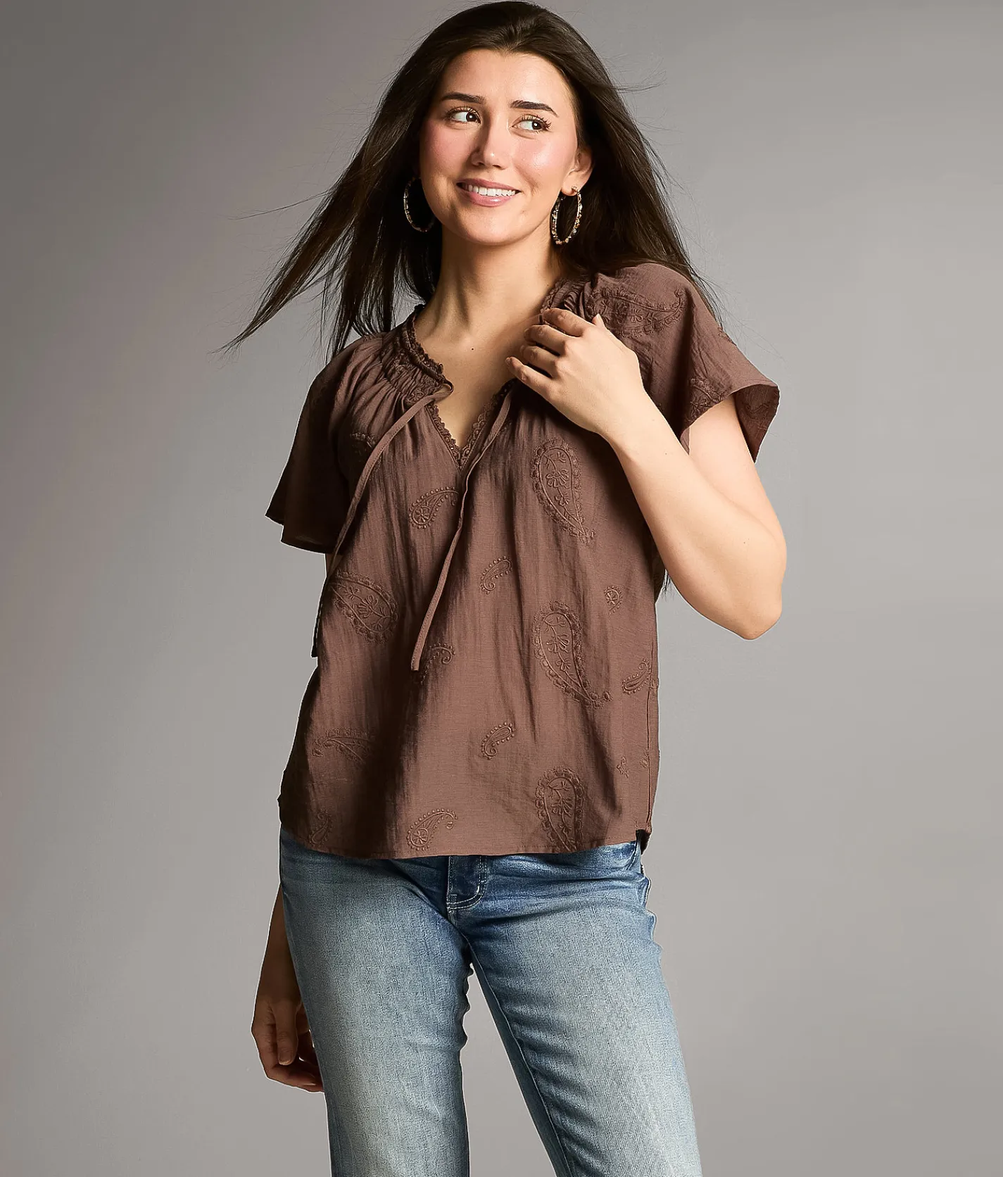 Tops | BKE Embroidered Paisley Top Peppercorn