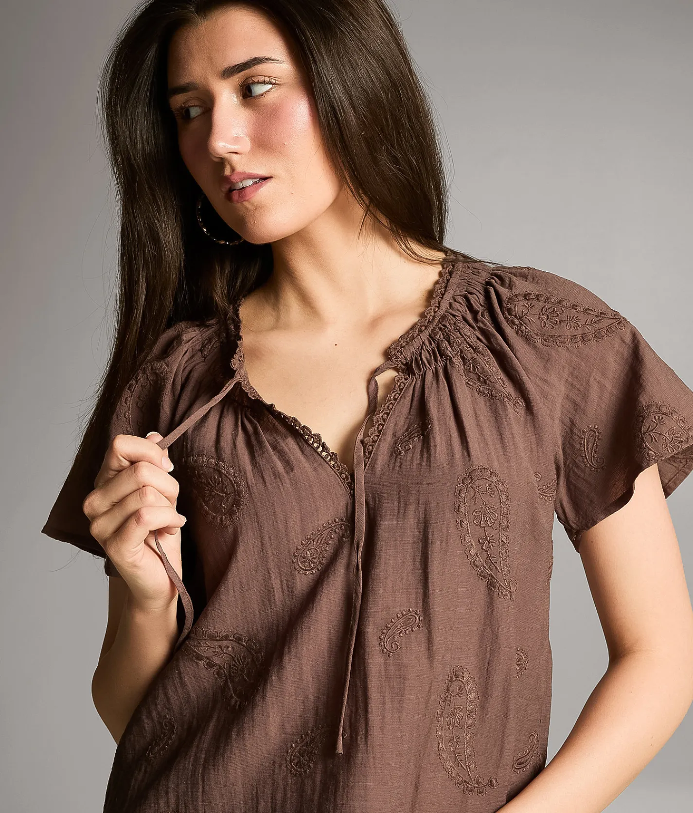 Tops | BKE Embroidered Paisley Top Peppercorn