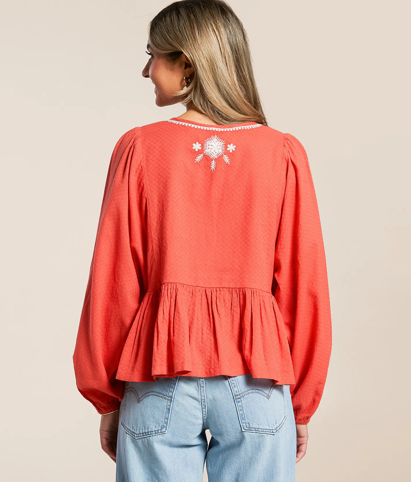 En Creme Embroide Peplum Top Red Best