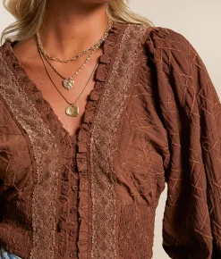 Tops | Miss Me Embroidered Ruffle Top Chocolate Brown