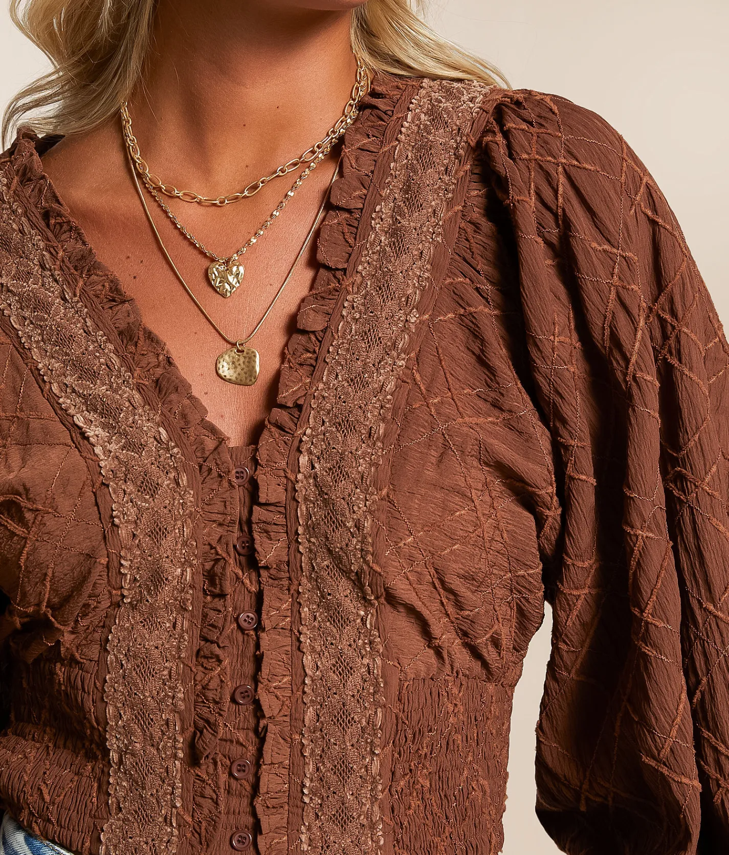 Tops | Miss Me Embroidered Ruffle Top Chocolate Brown