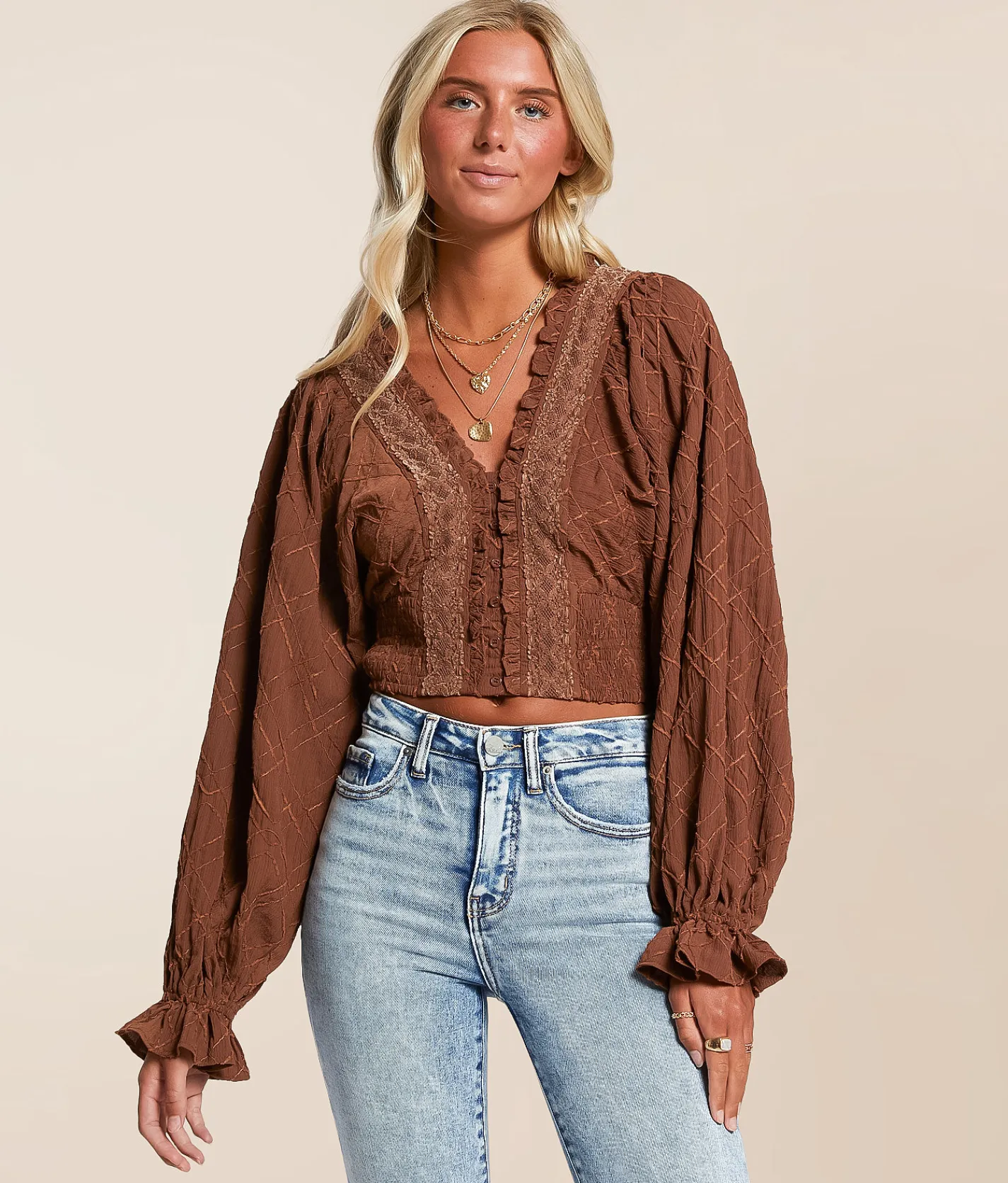 Tops | Miss Me Embroidered Ruffle Top Chocolate Brown