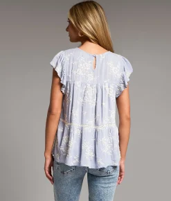 Tops | BKE Embroidered Ruffle Top Blue