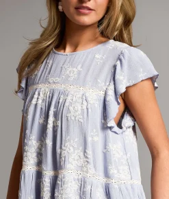 Tops | BKE Embroidered Ruffle Top Blue