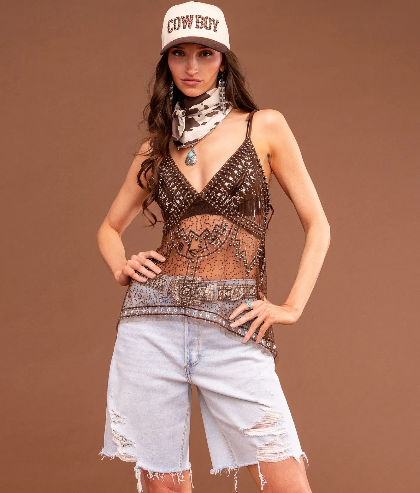 Sterling & Stitch Embroidered Sequin Mesh Tank Top Mustang Sale