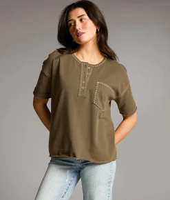 BKE Embroidered Stitch Henley Green Outlet