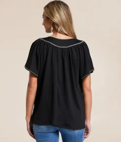 Daytrip Embroidered Trim Top Black Taupe Discount
