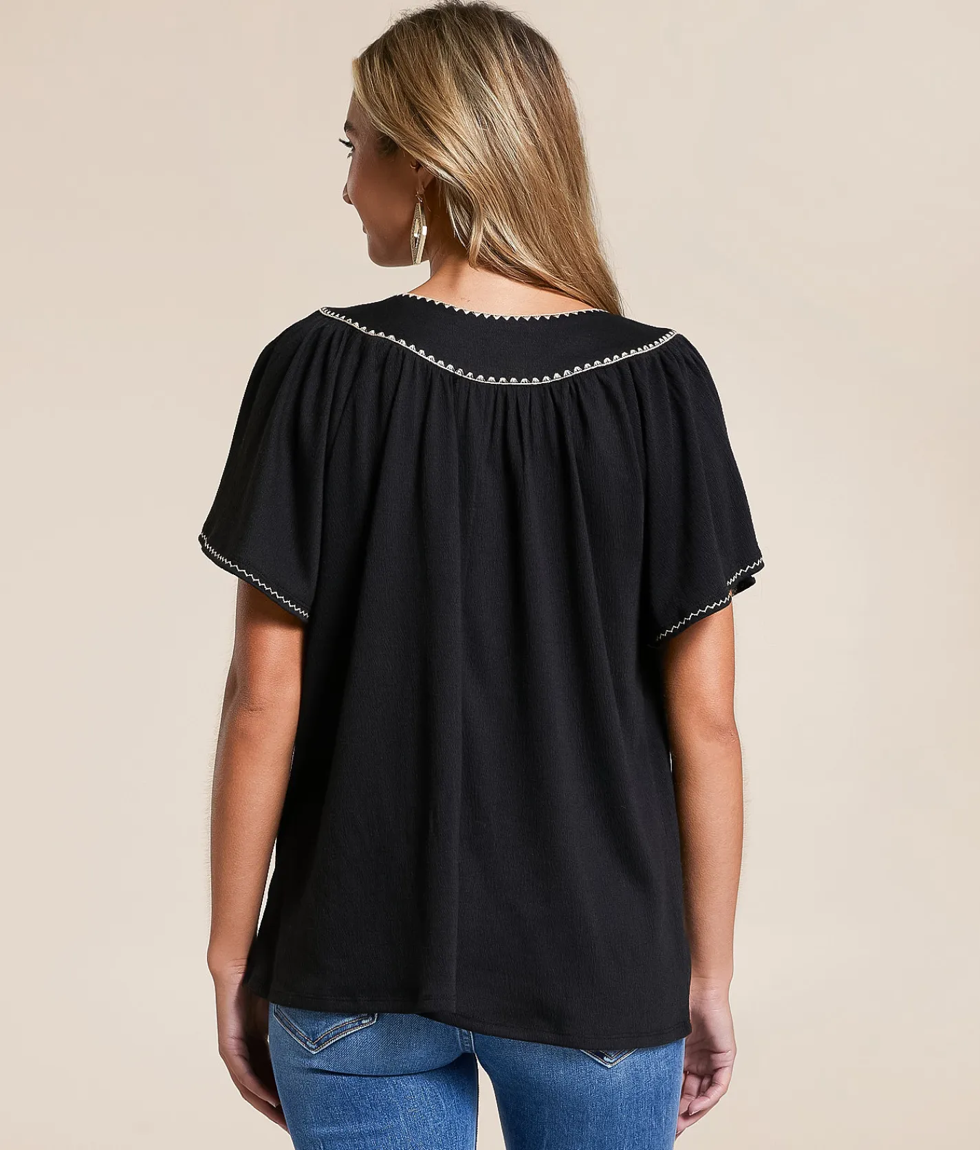 Daytrip Embroidered Trim Top Black Taupe Discount