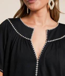 Daytrip Embroidered Trim Top Black Taupe Discount