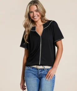 Daytrip Embroidered Trim Top Black Taupe Discount