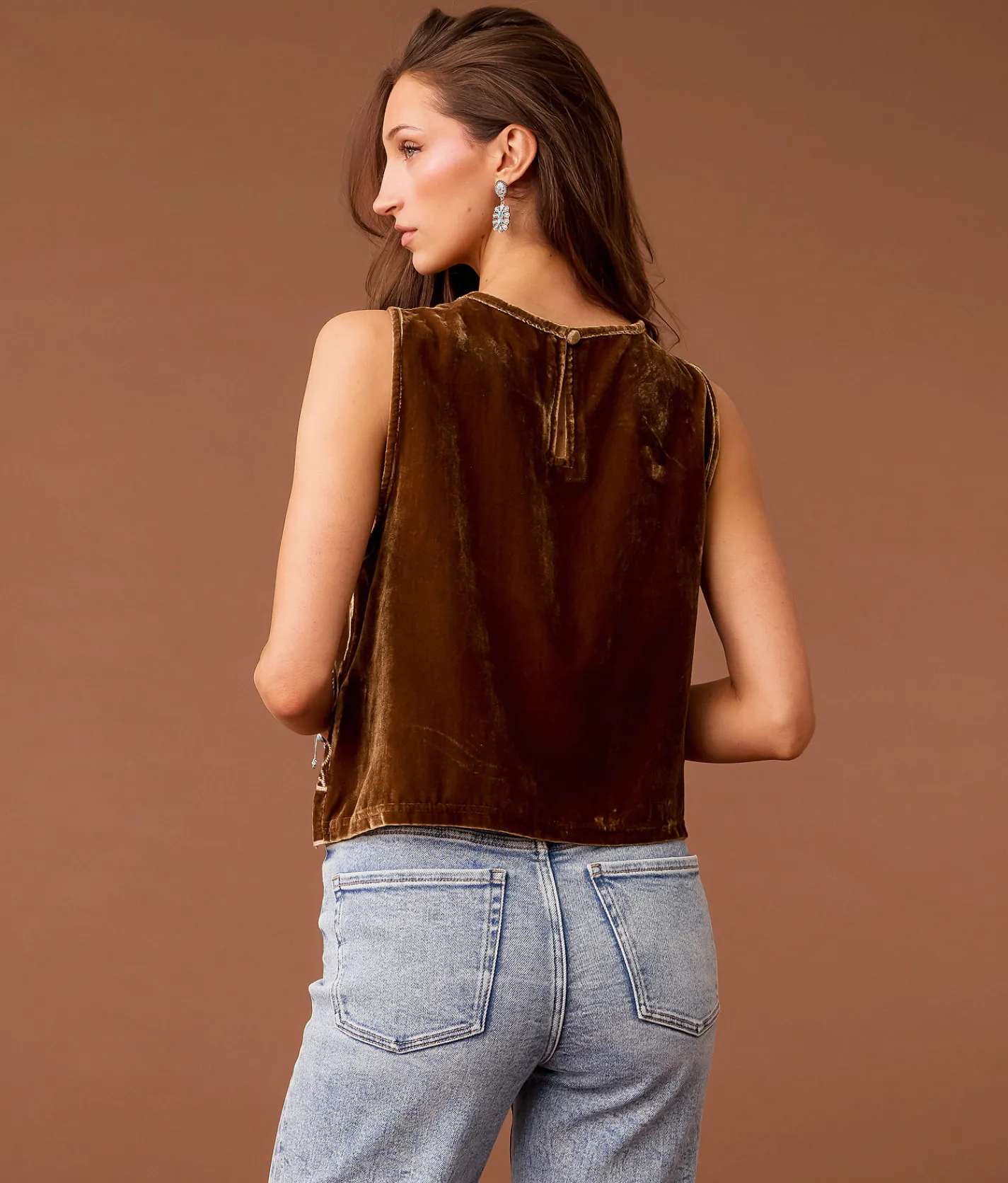 Sterling & Stitch Embroidered Velvet Tank Top Brown Sale