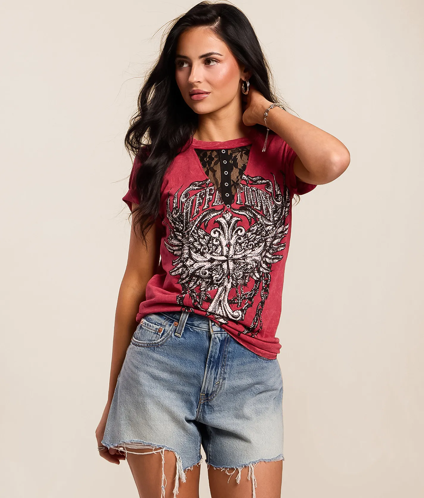 Tops | Affliction Empower T-Shirt Dirty Red Lava Wash