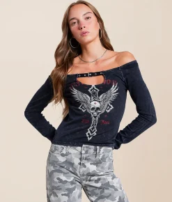 Tops | Affliction Endless Faith Off The Shoulder Top Black Beauty Lava Wash
