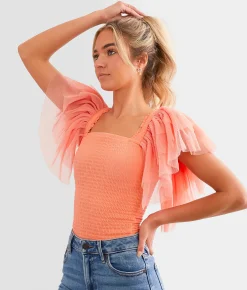 Tops | Veveret Exaggerated Mesh Ruffle Sleeve Top Desert Flower