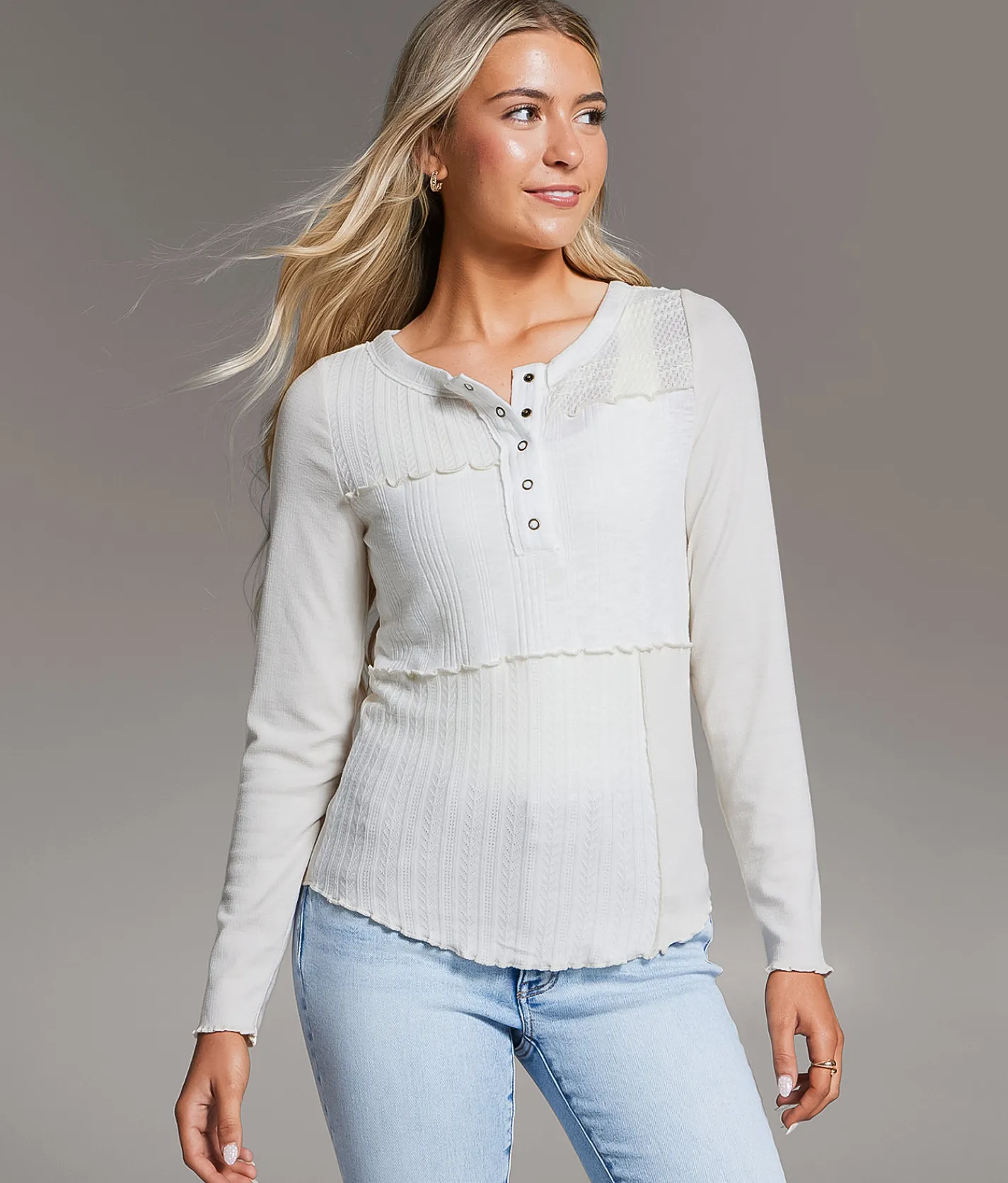 BKE Exposed Seam Pieced Henley Cream Best