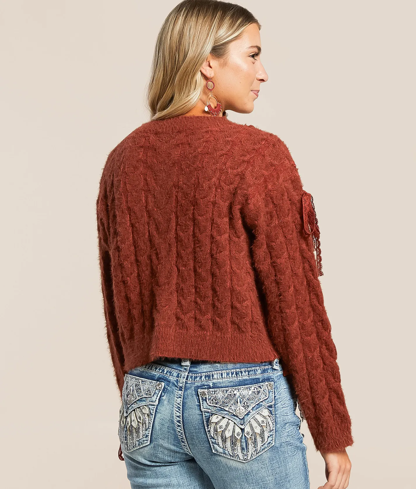 Miss Me Eyelash Lace Cardigan Sweater Russet Red Outlet