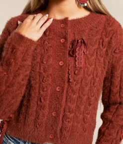 Miss Me Eyelash Lace Cardigan Sweater Russet Red Outlet