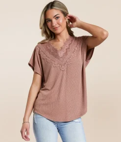 Tops | Daytrip Eyelash Lace Pieced Top Fusion Coral