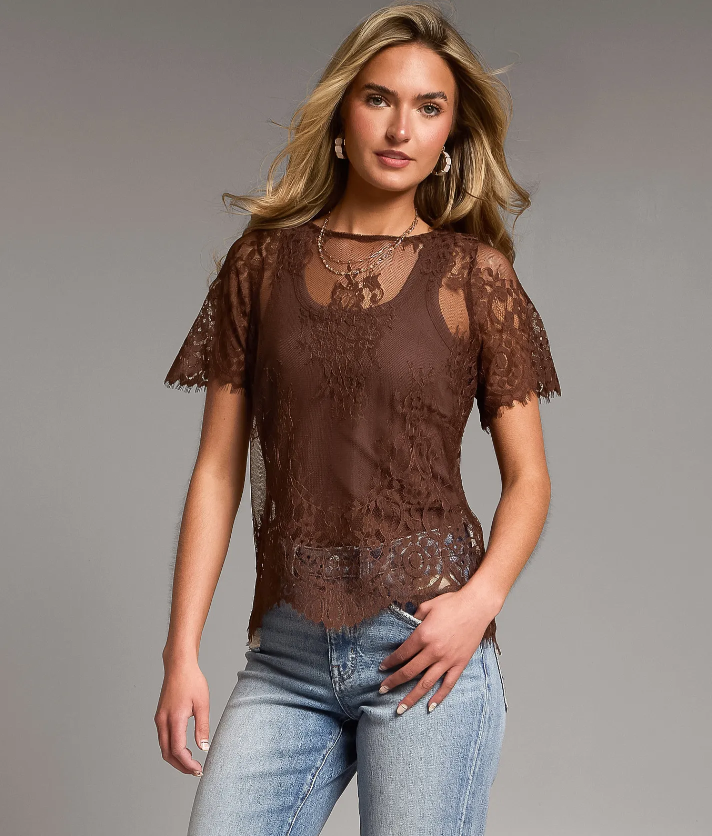 Tops | BKE Eyelash Lace Top Brown