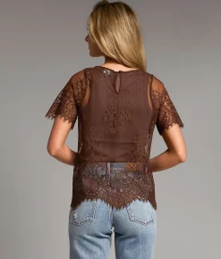 Tops | BKE Eyelash Lace Top Brown