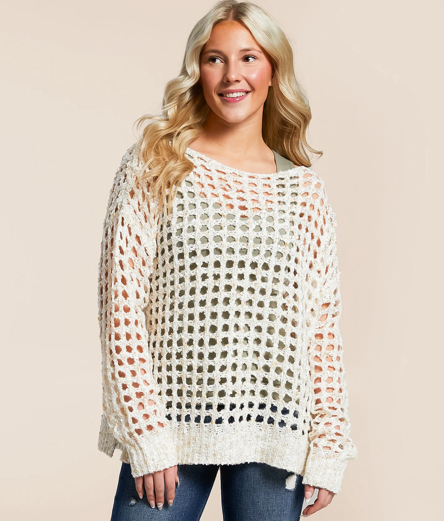 BKE Eyelash Pointelle Sweater Beige Hot
