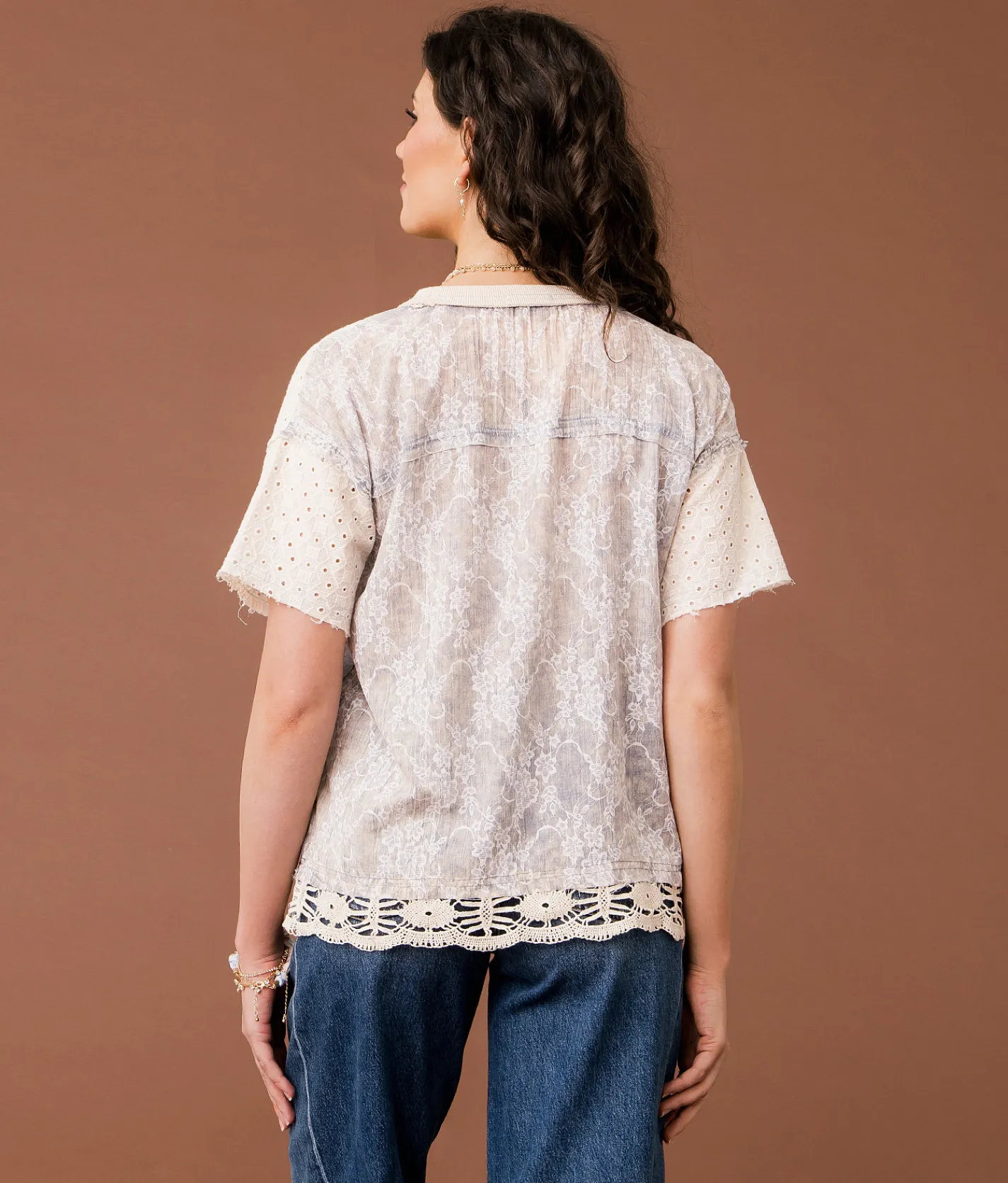 Gimmicks Eyelet Crochet Top Blue Cream Online
