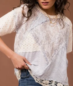 Gimmicks Eyelet Crochet Top Blue Cream Online