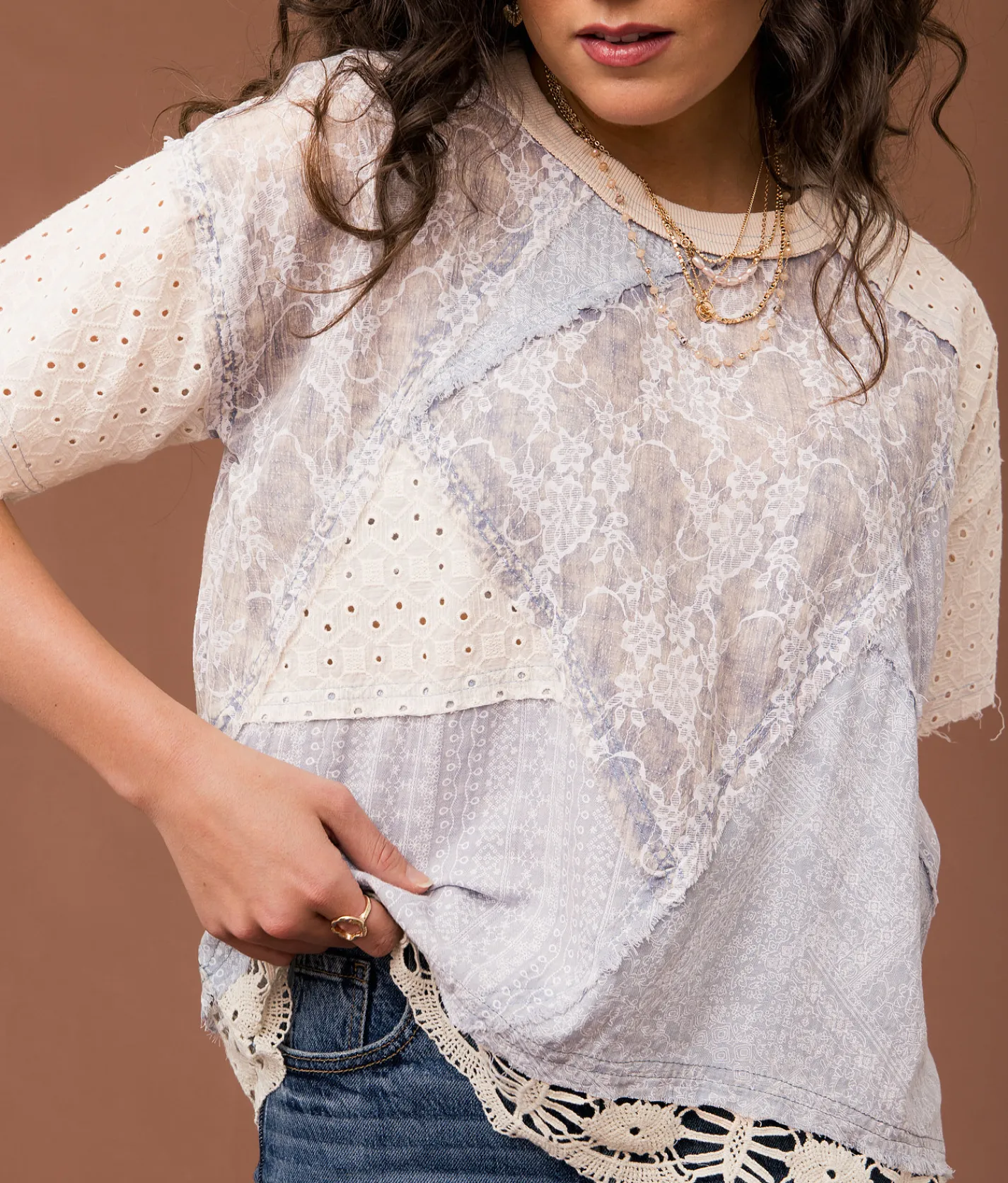 Gimmicks Eyelet Crochet Top Blue Cream Online