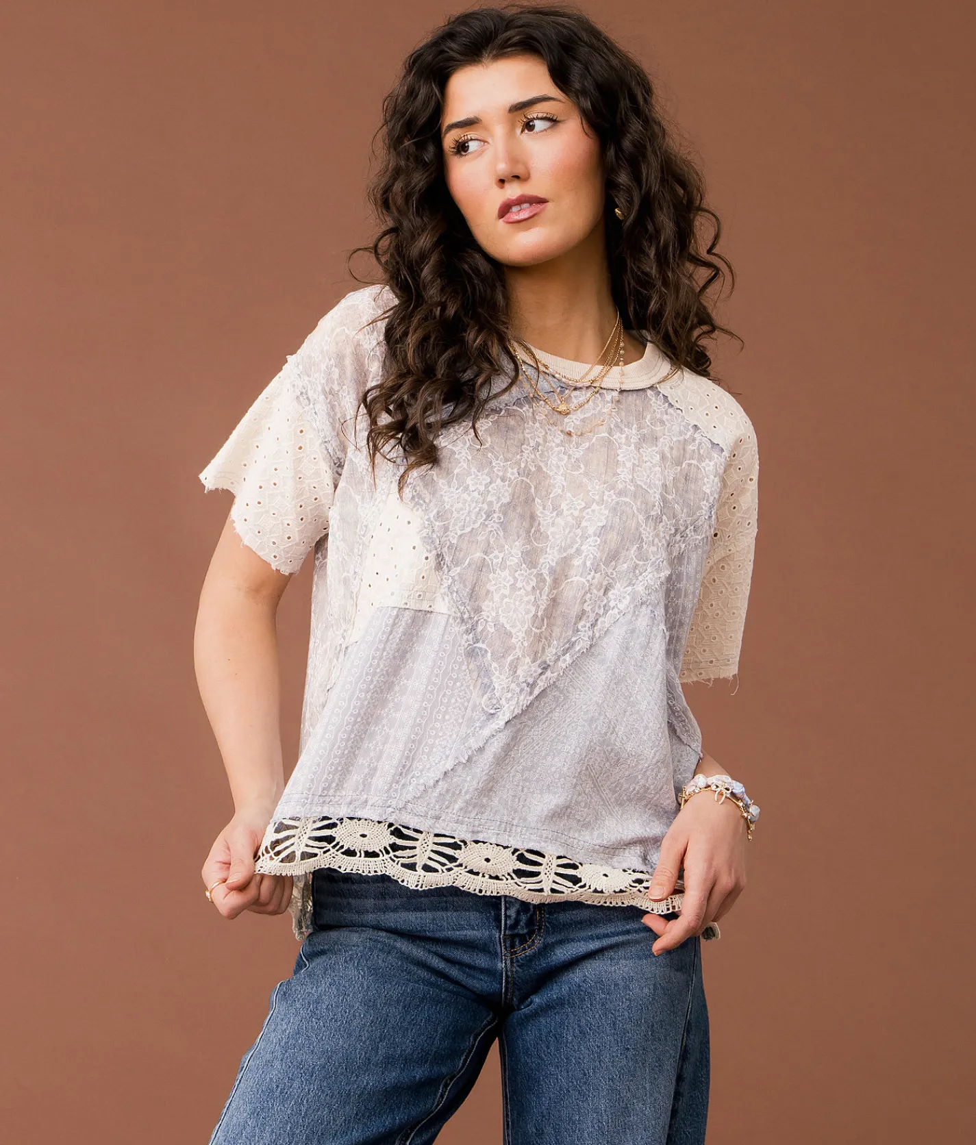 Gimmicks Eyelet Crochet Top Blue Cream Online