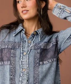 Gimmicks Eyelet Embroidered Chambray Shirt Washed Blue Outlet
