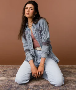 Gimmicks Eyelet Embroidered Chambray Shirt Washed Blue Outlet
