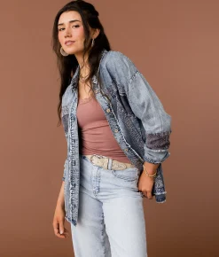 Gimmicks Eyelet Embroidered Chambray Shirt Washed Blue Outlet