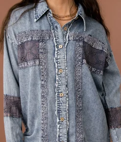 Gimmicks Eyelet Embroidered Chambray Shirt Washed Blue Outlet