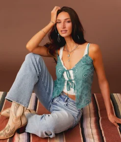 Sterling & Stitch Eyelet Front Tie Tank Top Mineral Blue Online