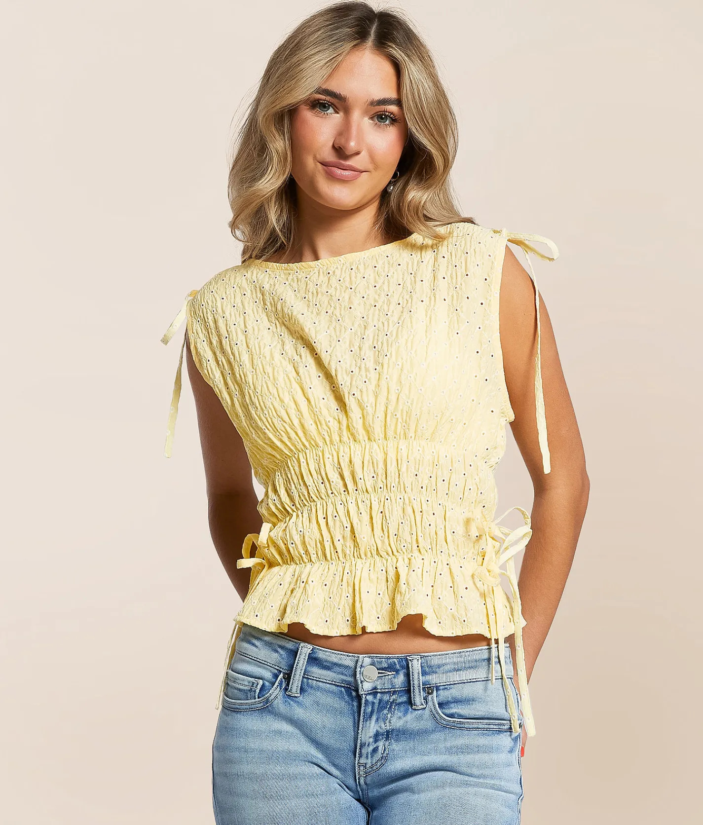 Lush Eyelet Side Tie Peplum Tank Top Yellow