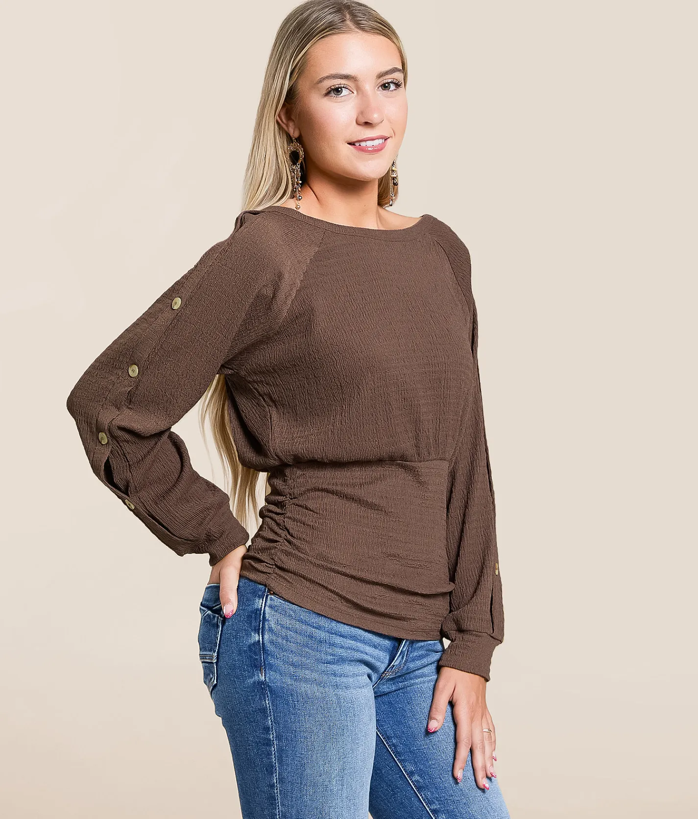 Tops | Daytrip Faux Button Banded Top Peppercorn