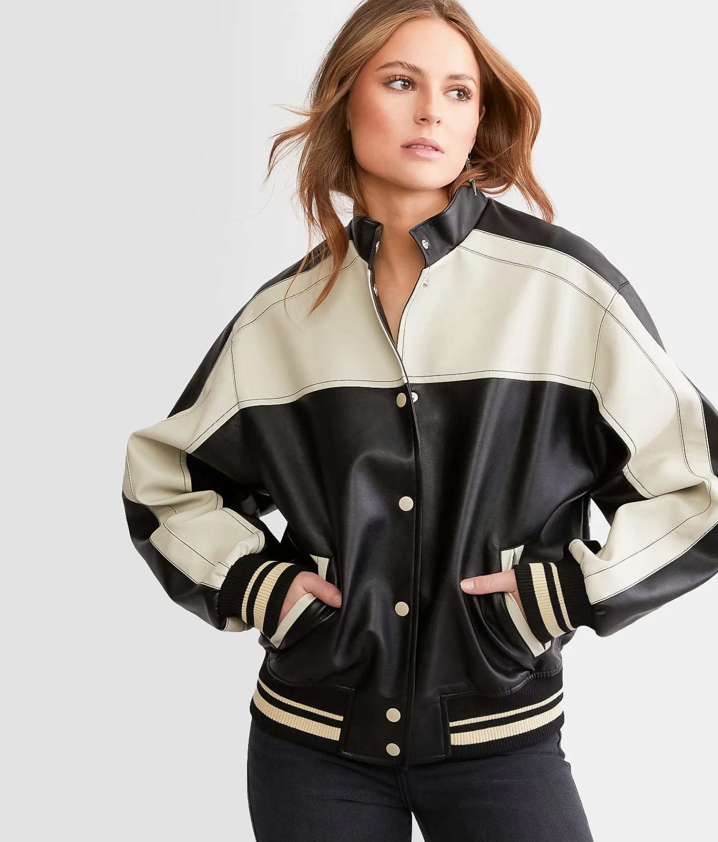 Blu Pepper Faux Leather Color Block Jacket Pink Sale