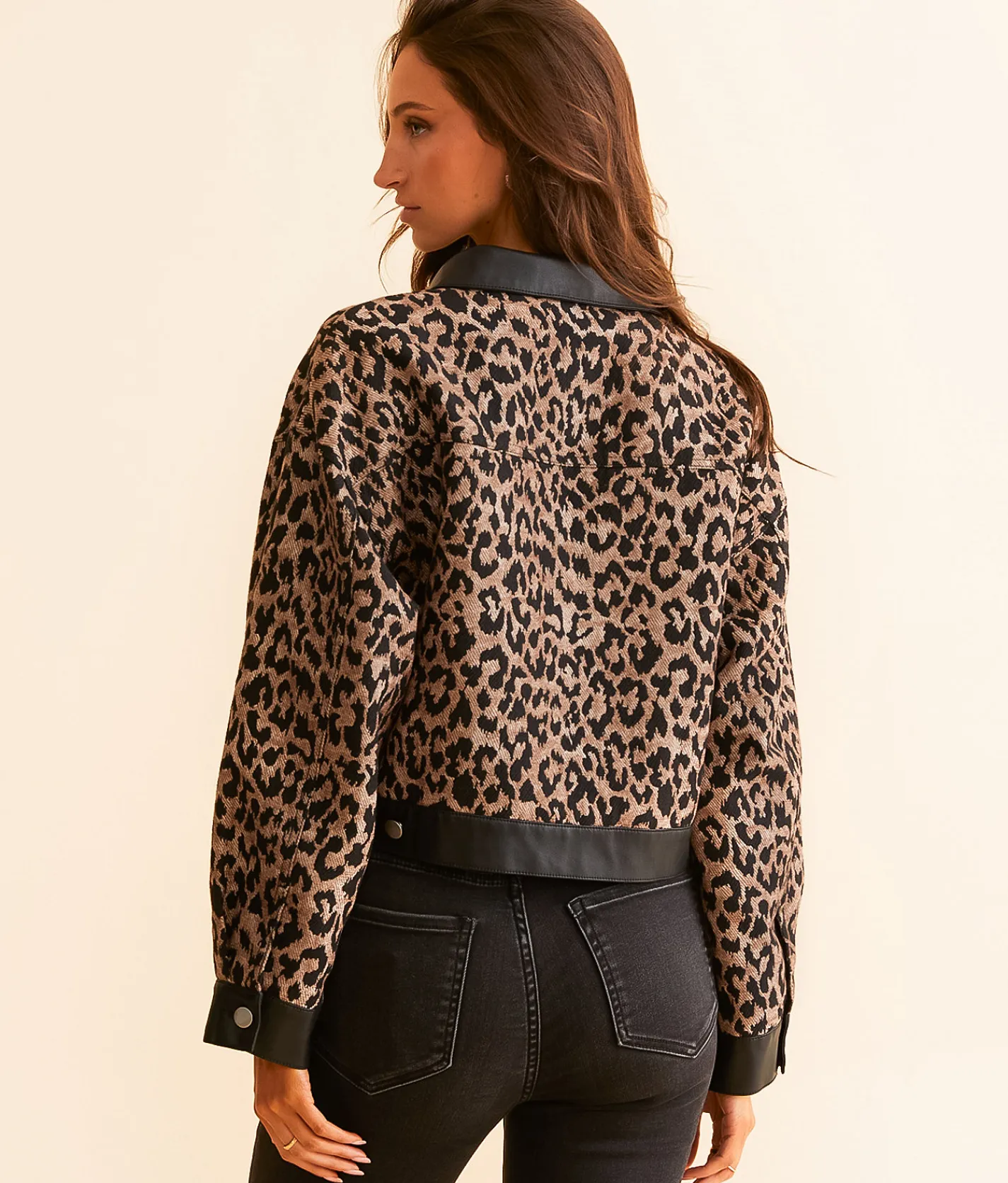 Blue Blush Faux Leather Cropped Cheetah Jacket Brown Black