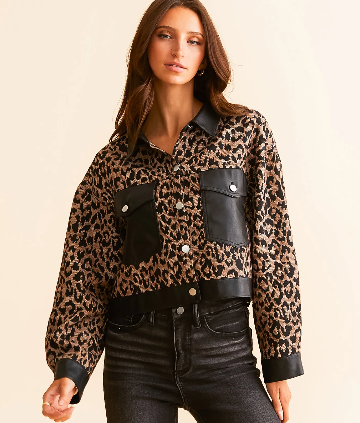 Blue Blush Faux Leather Cropped Cheetah Jacket Brown Black