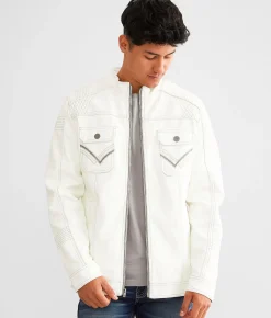 Buckle Black Faux Leather Distressed Jacket White Outlet