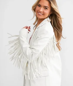 Coats & Jackets | Willow & Root Faux Leather Fringe Blazer Bone White