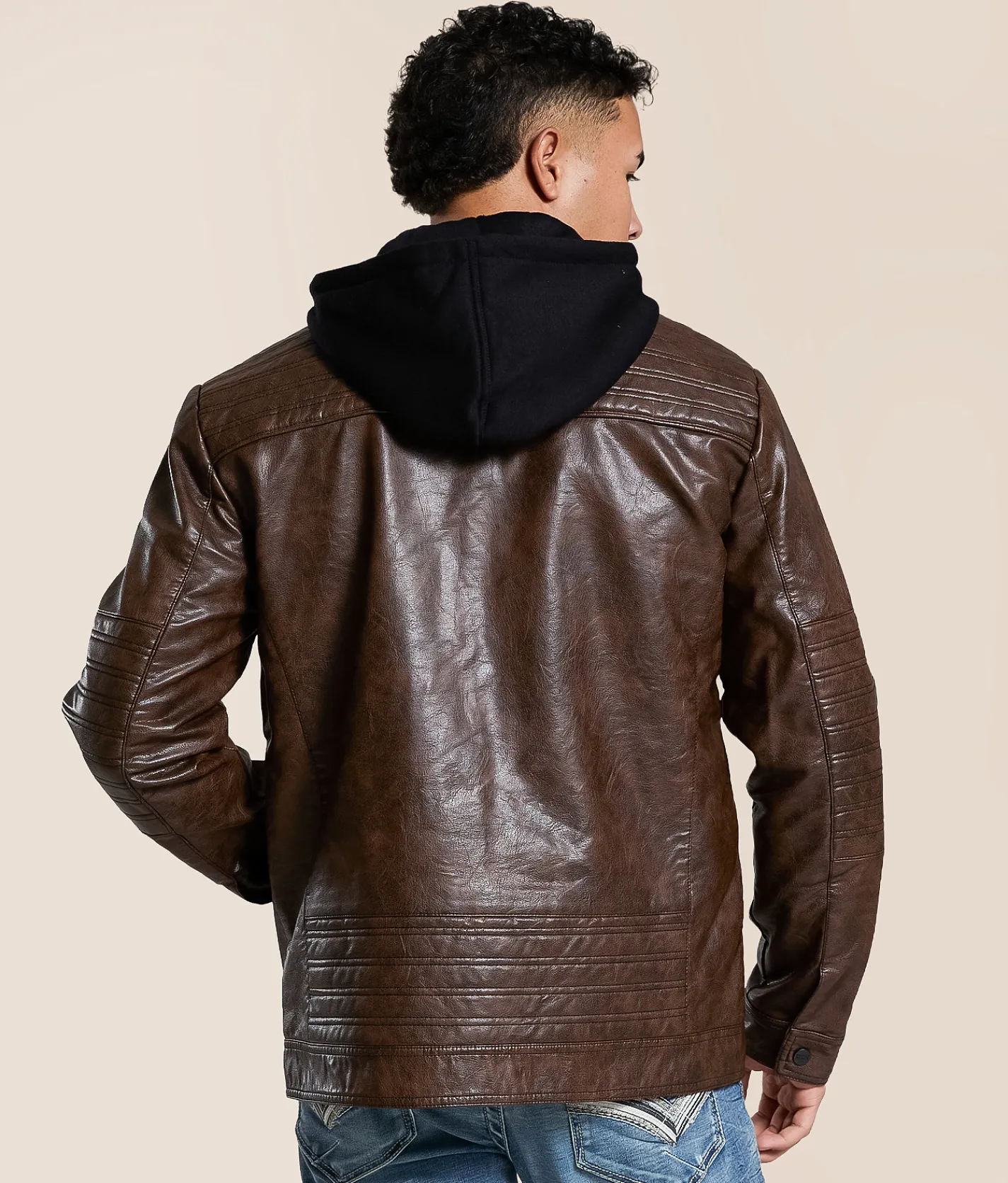 Tops|Coats & Jackets | Buckle Black Faux Leather Hooded Jacket Brown