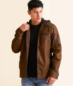 Coats & Jackets | Buckle Black Faux Leather Hooded Jacket Brown