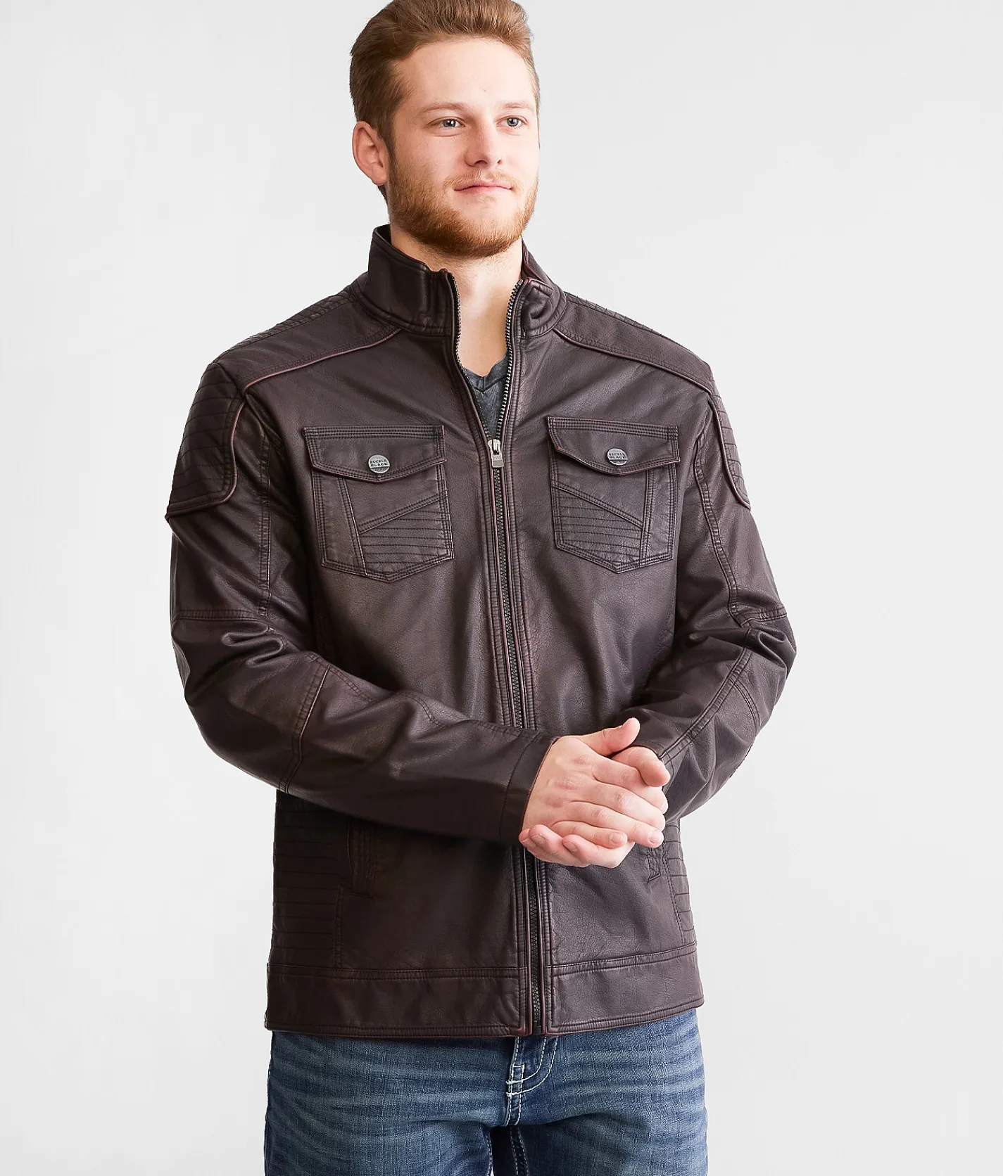 Buckle Black Faux Leather Jacket Burnett Brown