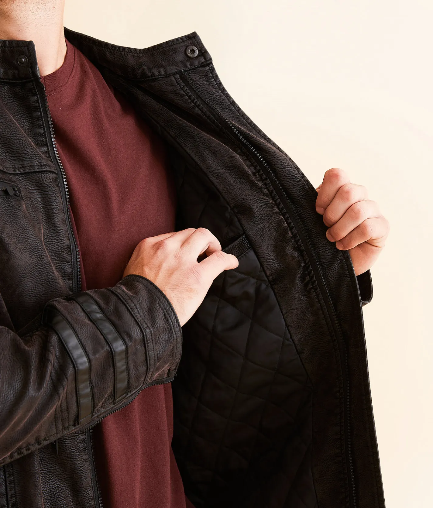Buckle Black Faux Leather Moto Jacket Deep Burgundy Sale