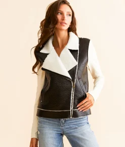 Tops|Coats & Jackets | Open SZN Faux Leather Sherpa Vest Black