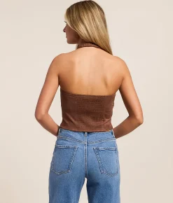 Tops | Willow & Root Faux Suede Halter Tank Top Brown